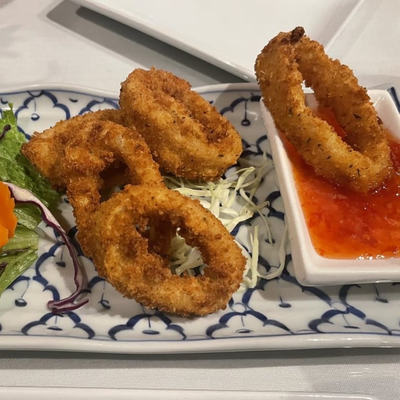 Crispy fried calamari rings with sweet chili sauce and a side salad on a patterned plate.
